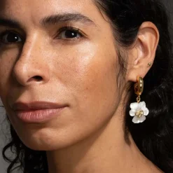 Tomfoolery White Pansy Crystal Lucite Hoop Earrings Clearance