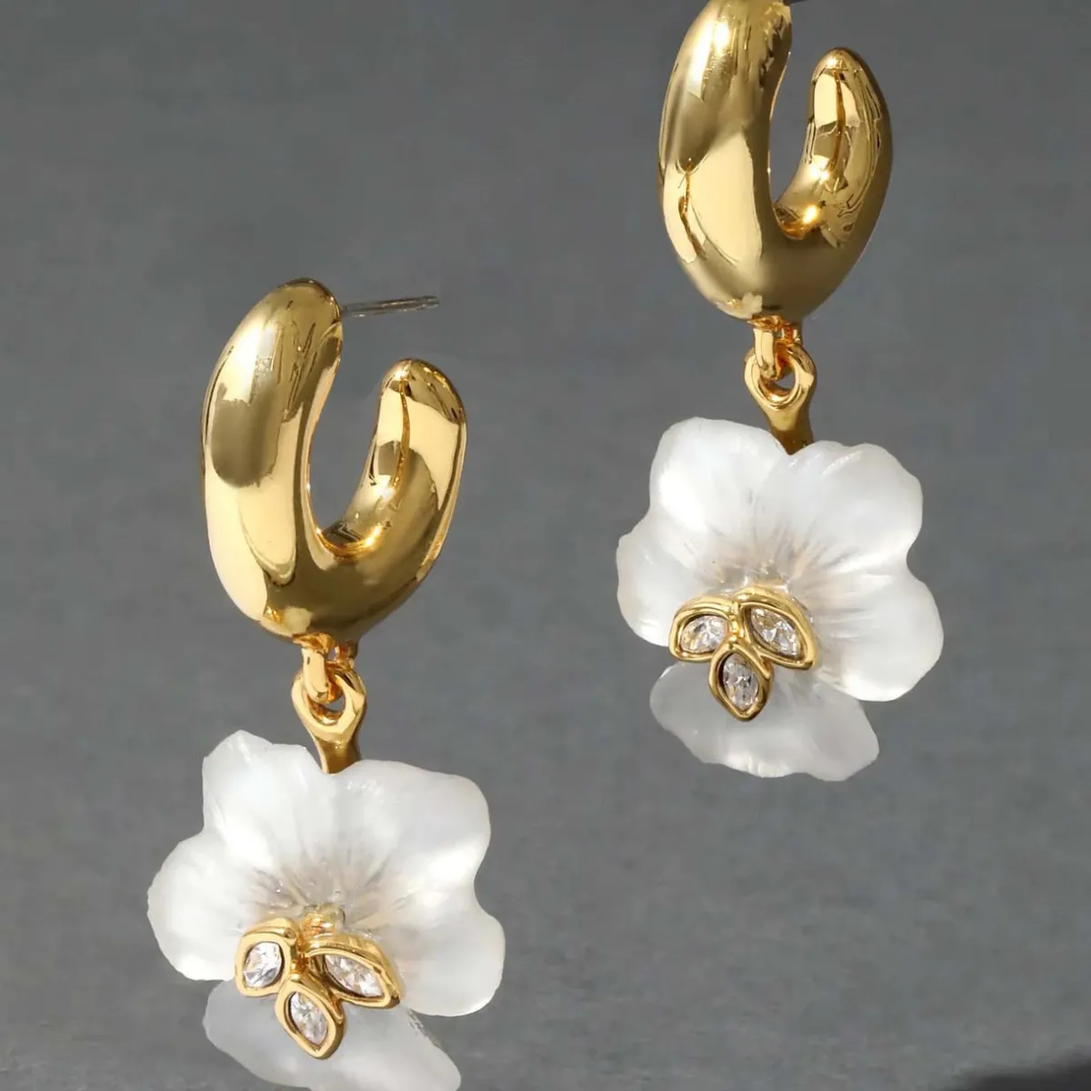 Tomfoolery White Pansy Crystal Lucite Hoop Earrings Clearance