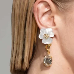 Tomfoolery White Pansy Crystal Lucite Drop Earrings Hot