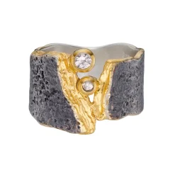 Tomfoolery Wide Rustic Oxidised Silver & Diamond Ring Discount