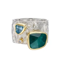 Tomfoolery Wide Textured Silver, Green Tourmaline, Aquamarine & Diamond Ring Fashion