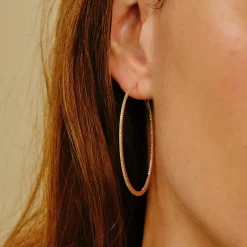 Tomfoolery Yellow Gold Slim Diamond Pave Oval Large Hoops Discount